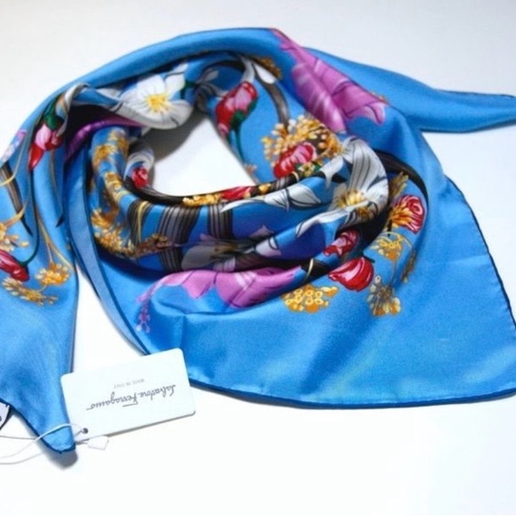 Salvatore Ferragamo Blue and Pink Floral Silk Scarf - Picture 10 of 15